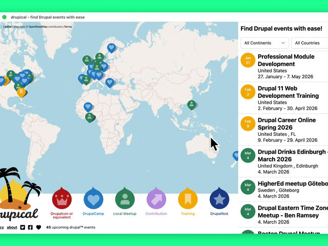 Karte mit blauen, grünen und gelben Icons, die verschiedene Drupal-Events weltweit markieren, mit einer rechten Seitenleiste listing aktueller Veranstaltungen.