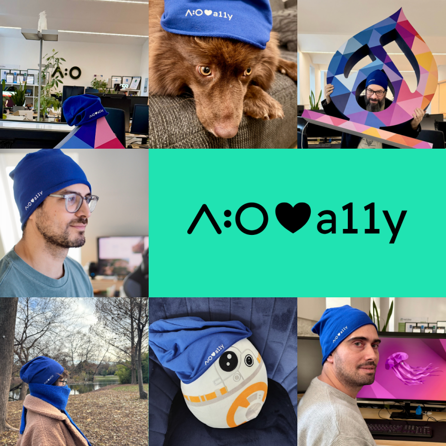 Eine Collage aus sieben Fotos mit Menschen, die blaue Mützen mit der Aufschrift „A:O loves a11y“ tragen, darunter Außen- und Innenaufnahmen, Haustiere, Kunst und technische Geräte.