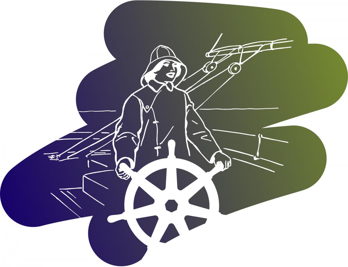 Illustration of a female captains in front of a wheel on a boat