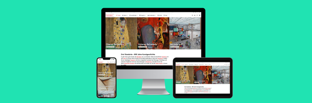 Drei digitale Geräte (Smartphone, Tablet, Monitor) zeigen eine Website mit Bildern und Texten auf grünem Hintergrund.