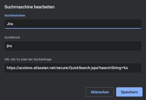 settings for chrome search engine to allow Jira fast search in omnibox