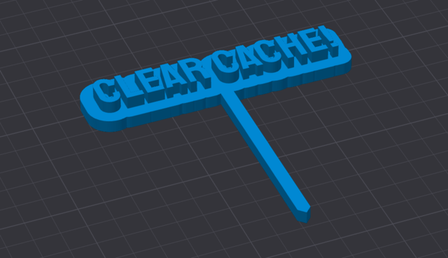 A 3D-rendered, bright blue tool with the text "CLEAR CACHE" on top, designed for a specific purpose, set against a dark background.