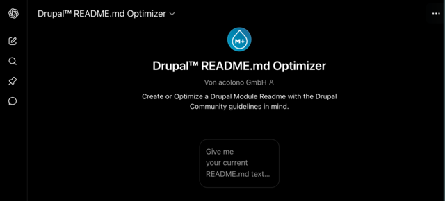 Schwarzer Bildschirm mit Text über den Drupal README.md Optimizer und Anweisungen zur Optimierung eines Moduls.