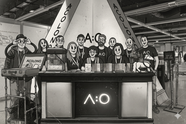 Illustration in old comic style of A group of people standing behind a black booth with illuminated white panels, displaying "A:O" logo, at an exhibition with a white triangular backdrop.