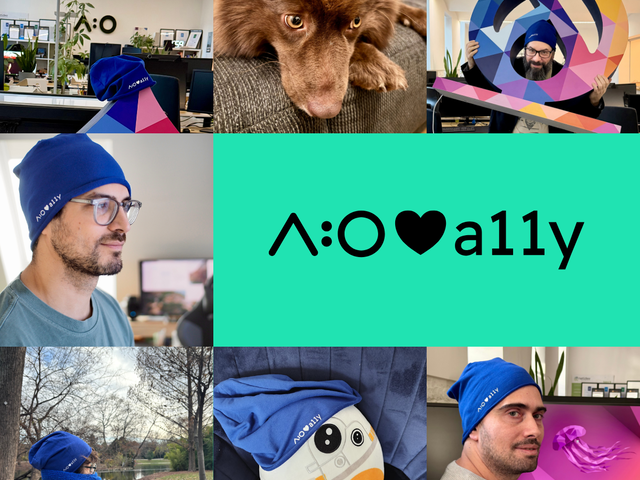 Eine Collage aus sieben Fotos mit Menschen, die blaue Mützen mit der Aufschrift „A:O loves a11y“ tragen, darunter Außen- und Innenaufnahmen, Haustiere, Kunst und technische Geräte.